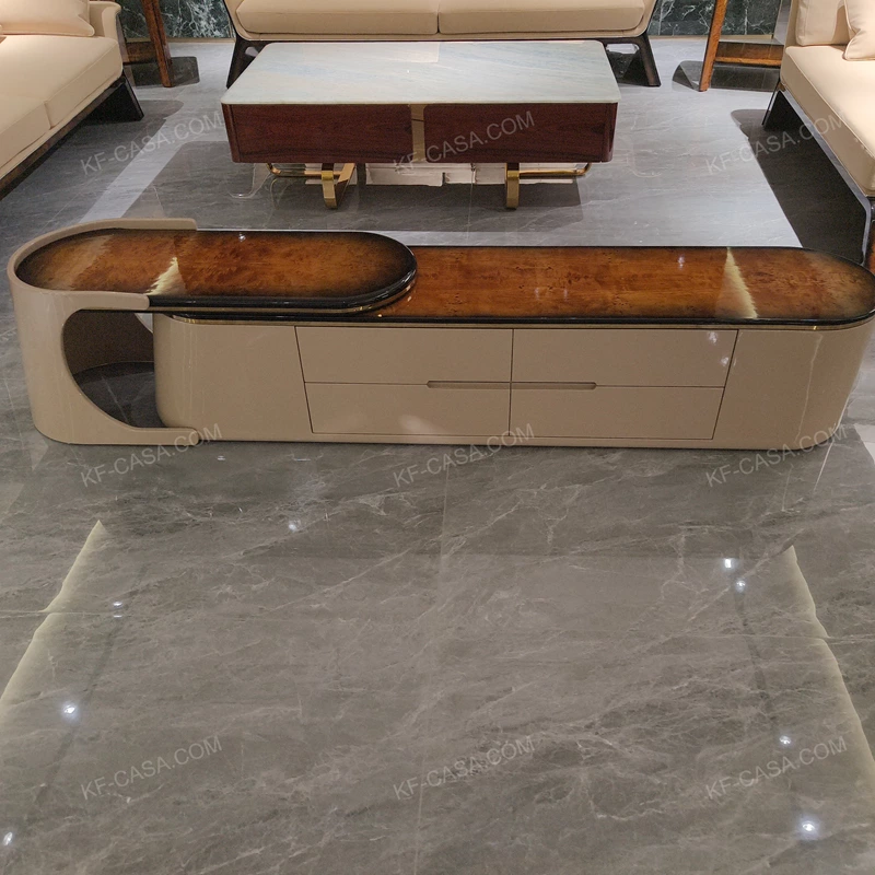 Light Luxury TV Stand with Curved Natural Wood Veneer Finish and Pull-Out Side Storage